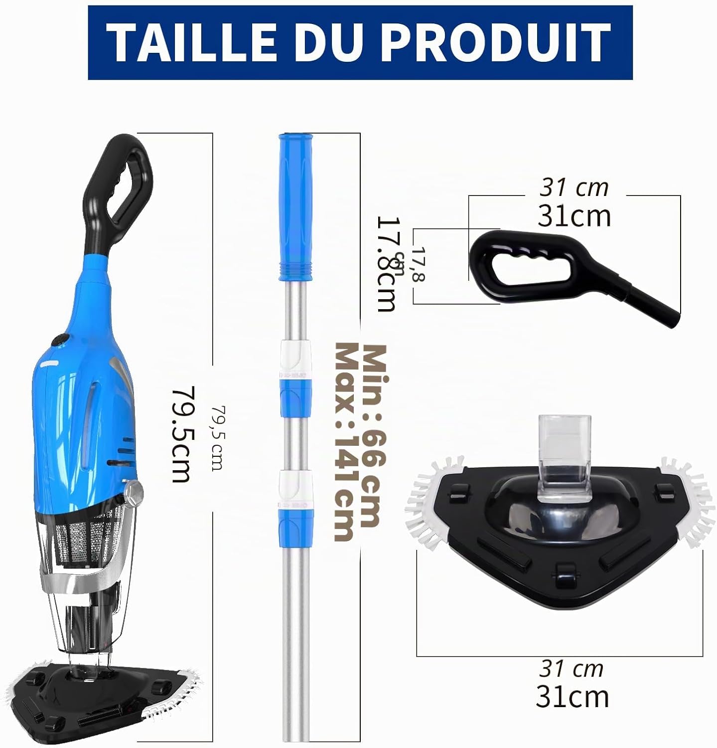 2026 Aspirateur de Piscine à Batterie Rechargeable, Aspirateur à Main sans Fil, 60 Minutes d'Autonomie Nettoyeur Électrique pour Piscine, Jacuzzi, Spa, Bleu