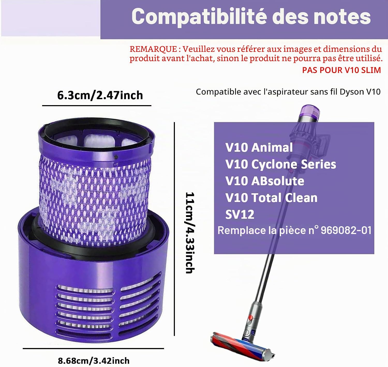 Lot de 2 Filtre pour Aspirateur Dyson V10 SV12, Cyclone Series Absolute Animal Motorhead Total Clean, Lavables et Réutilisables, Remplace la Pièce V10# 969082-01, Pas pour V10 Slim