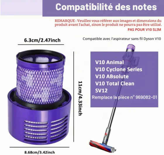 Lot de 2 Filtre pour Aspirateur Dyson V10 SV12, Cyclone Series Absolute Animal Motorhead Total Clean, Lavables et Réutilisables, Remplace la Pièce V10# 969082-01, Pas pour V10 Slim