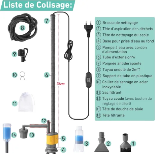 Aspirateur Électrique Pour Aquarium, 1200LPH Nettoyage Gravier 8 En 1 Amovible, 20W Aspiration Puissante Pour Changer l’Eau, Laver Le Sable, Éliminer Les Algues Et Circuler l’Eau