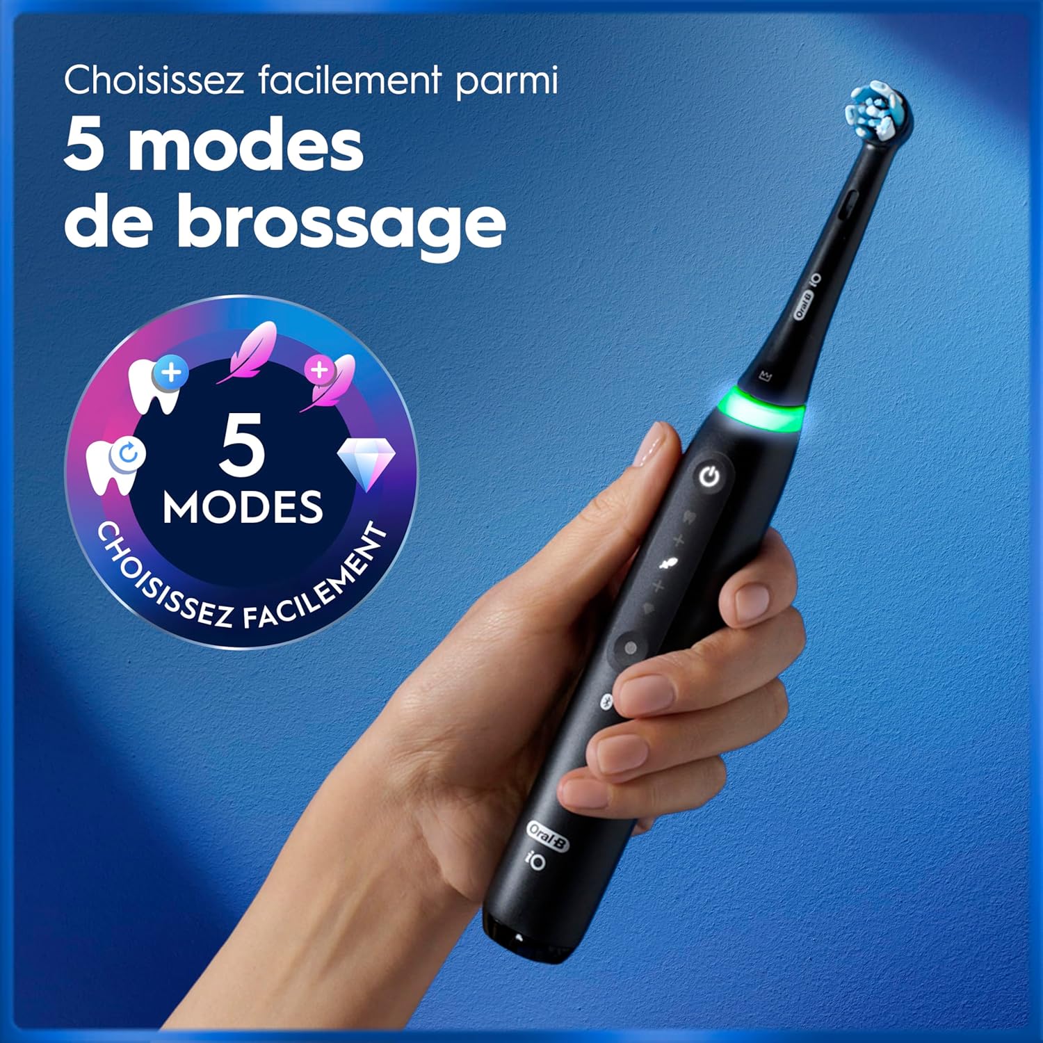 Oral-B Brosse à Dents Electrique iO 5, 3 Brossettes de Rechange, Noire – 5 Modes de Brossage dont Douceur et Blancheur, Capteur de Pression sur les Gencives et d’Usure, Batterie Rechargeable, Etui Multicolore