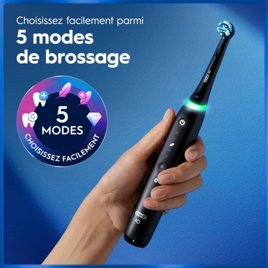 Oral-B Brosse à Dents Electrique iO 5, 3 Brossettes de Rechange, Noire – 5 Modes de Brossage dont Douceur et Blancheur, Capteur de Pression sur les Gencives et d’Usure, Batterie Rechargeable, Etui Multicolore