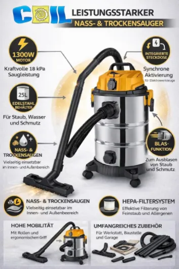 Aspirateur eau et poussière 1300 W 25 l Aspirateur industriel avec prise et fonction soufflage, filtre HEPA pour atelier, chantier et garage, récipient en acier inoxydable