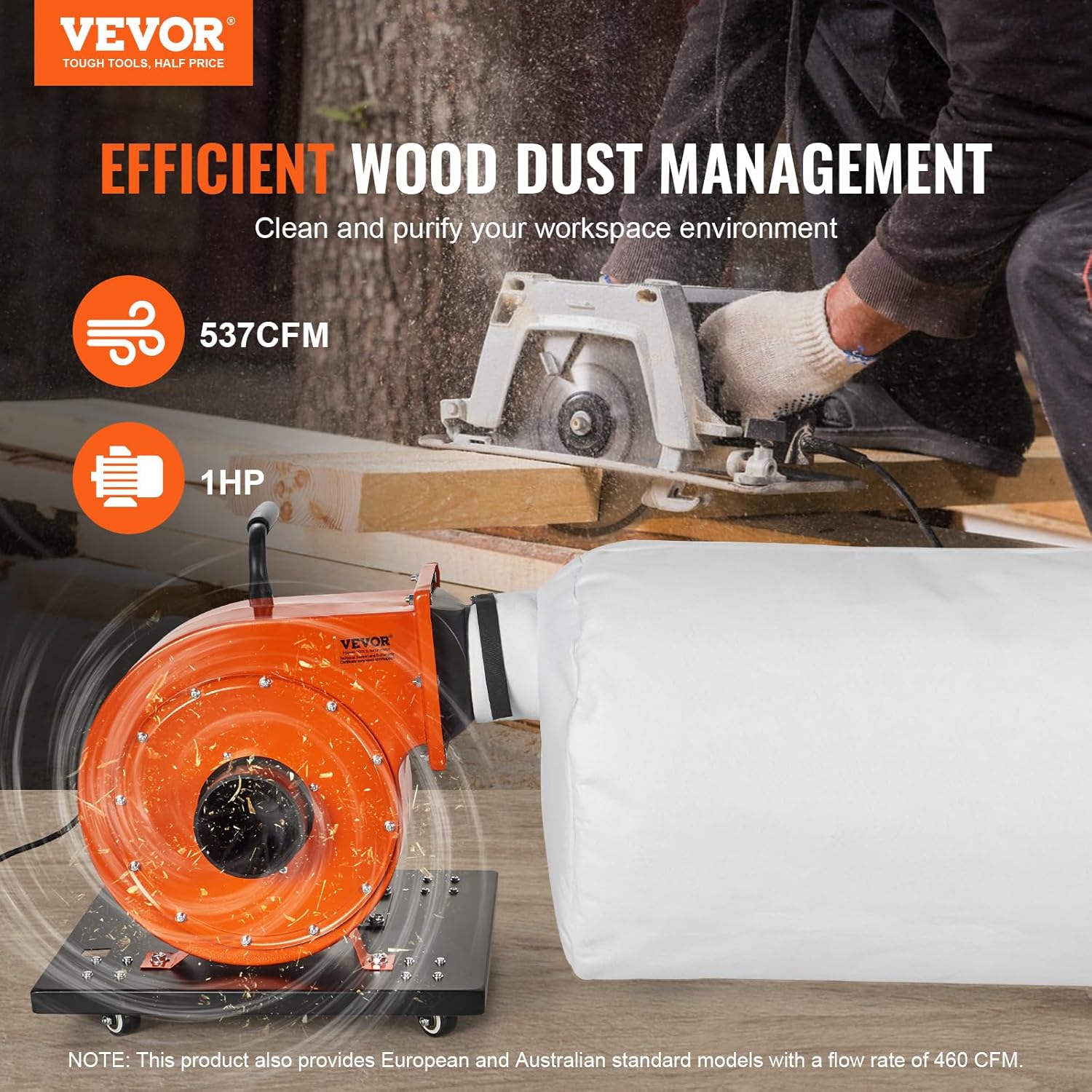 Collecteur de poussière, débit d'air 1HP 460 CFM, sac de collecte de poussière 80 L, filtration de sac 2,5 μm, conteneur de poussière de bois mobile d'atelier industriel avec poignée et roues
