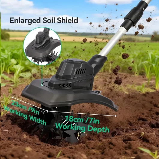 Motobineuse Électrique sans Fil 21V, Motoculteur Puissant 500W avec Moteur sans Balais Largeur 23cm Compatible avec Makita et DeWalt Écran LED & Bandoulière pour Jardin sans Batterie