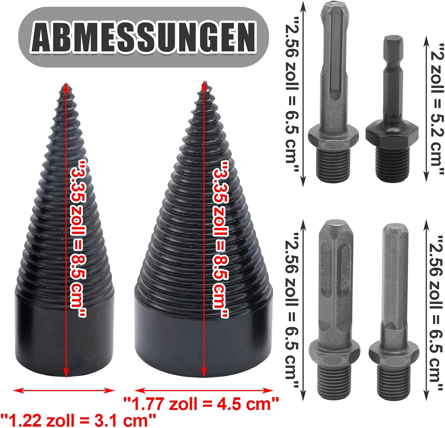 Fendeuse de bûches de 45 mm et 32 mm avec 4 tiges de perçage, fendeuse de bûches, outil de fendage de bûches, convient pour une utilisation à la maison, en extérieur et dans le jardin