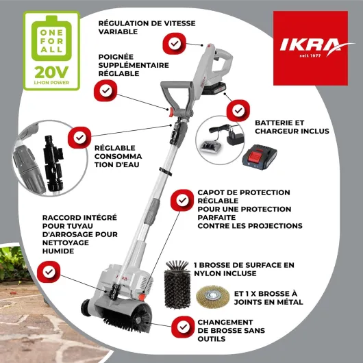 Nettoyeur de surfaces et de joints Vario Brush IATR 20, avec brosse en nylon, brosse à joints en acier, batterie et chargeur