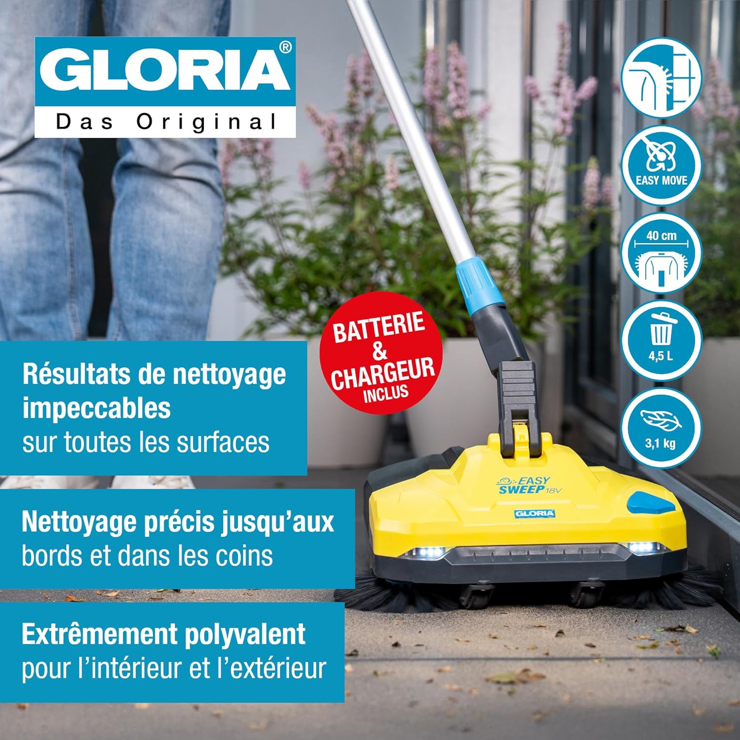 Balayeuse à Batterie EasySweep 18V INCL - Batterie Bosch 18V - Balai électrique sans Fil pour intérieur & extérieur - Allée, Trottoir, terrasse, Garage & Feuilles - Largeur 40 cm & bac 4,5L Avec Batterie