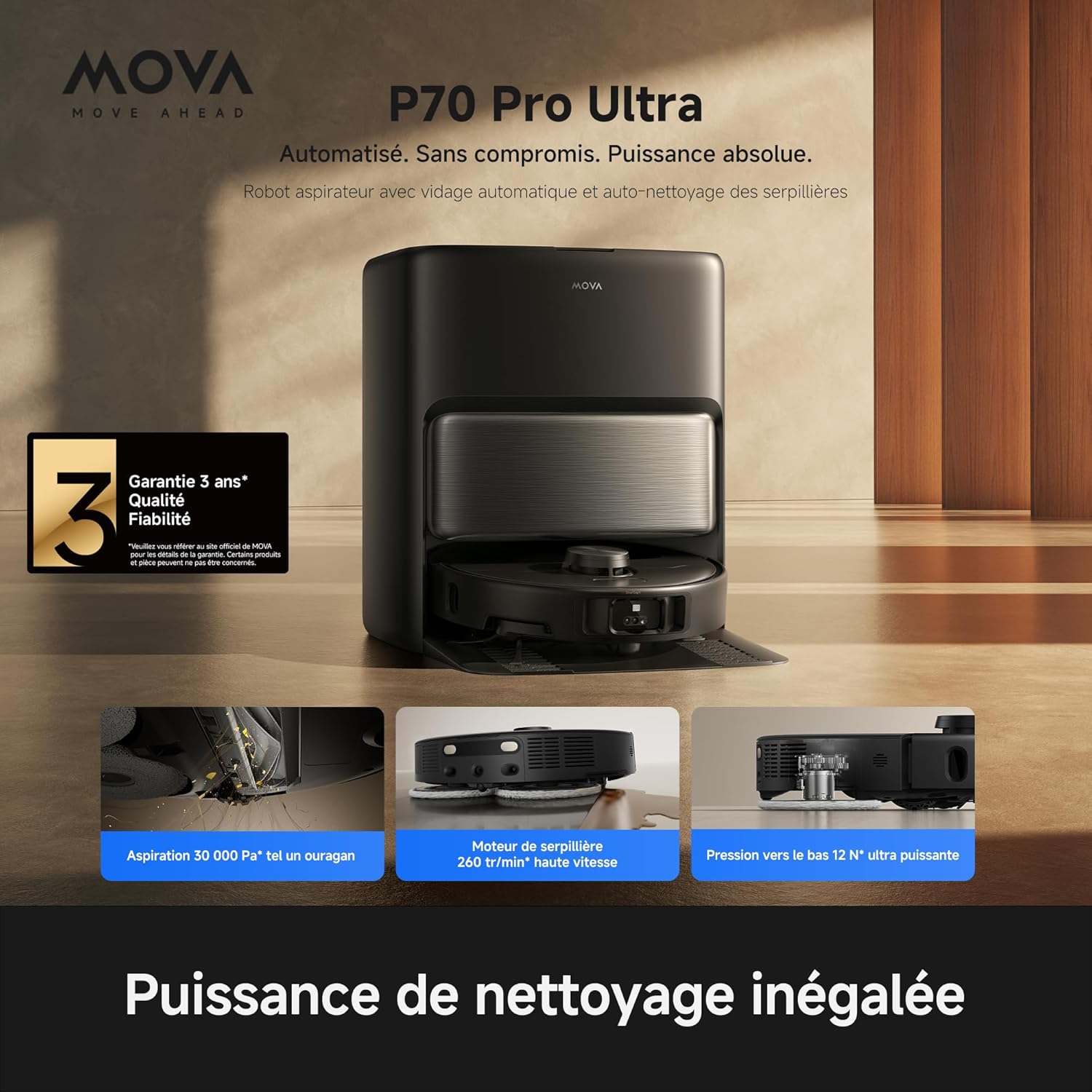 P70 Pro Ultra Robot Aspirateur Laveur, Aspiration 30 000Pa, Moteur 260RPM avec Pression de 12N, Brosse & serpillière Extensibles, système PTC 100°C JetSpray, séchage Rapide en 1h