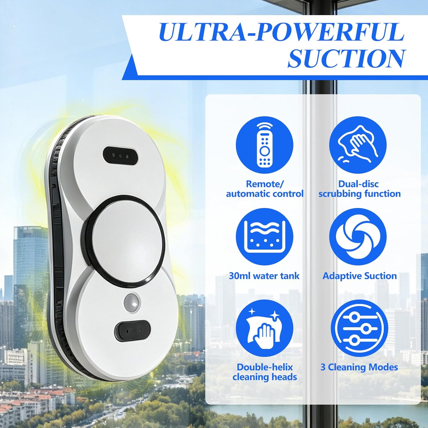 Robot nettoyeur de vitres 5600 Pa avec double fonction de pulvérisation, 3 modes de nettoyage, navigation intelligente, avec télécommande, 10 chiffons, pour verre, miroir, carrelage