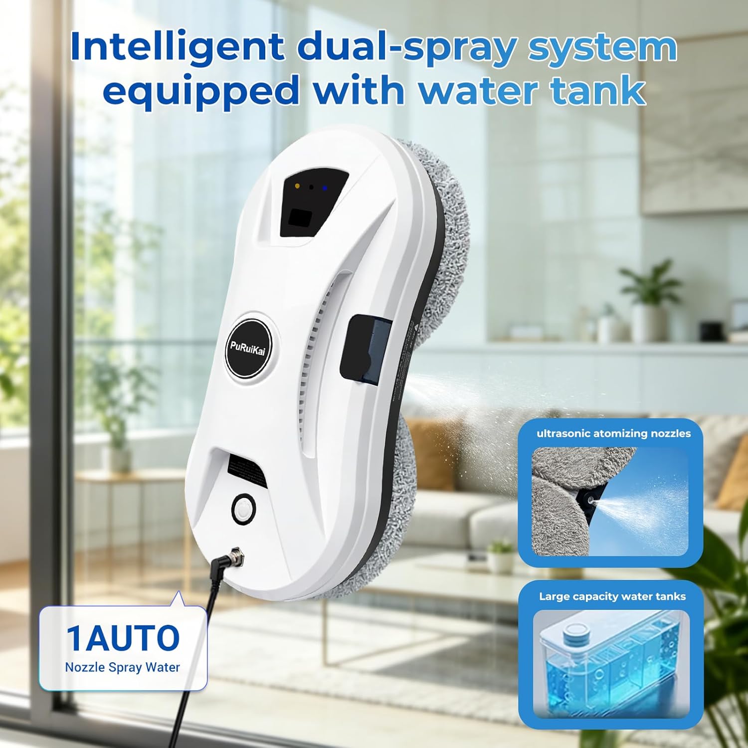 Robot Lave-vitres Automatique - 5600Pa Aspiration, Pulvérisation d'eau, 3 Modes de Nettoyage, Télécommande pour Fenêtres et Surfaces Lisses (White HCR-11)