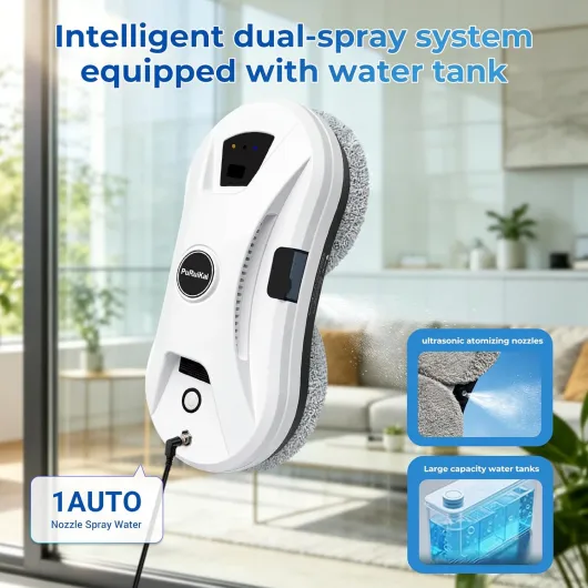 Robot Lave-vitres Automatique - 5600Pa Aspiration, Pulvérisation d'eau, 3 Modes de Nettoyage, Télécommande pour Fenêtres et Surfaces Lisses (White HCR-11)