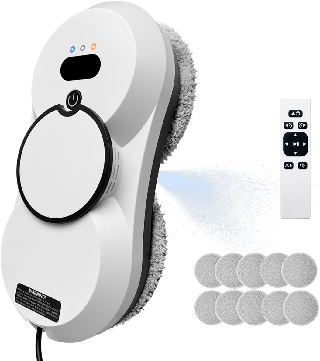 Robot Lave-vitres Automatique - 5600Pa Aspiration, Pulvérisation d'eau, 3 Modes de Nettoyage, Télécommande pour Fenêtres et Surfaces Lisses (White HCR-10)