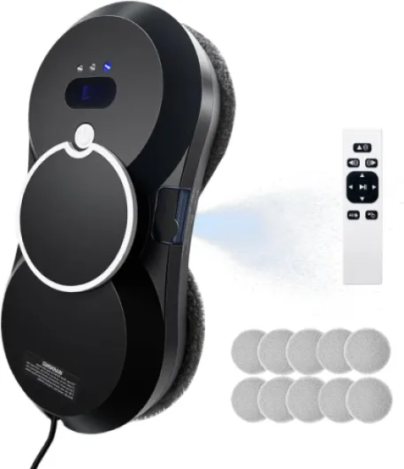 Robot Lave-vitres Automatique - 5600Pa Aspiration, Pulvérisation d'eau, 3 Modes de Nettoyage, Télécommande pour Fenêtres et Surfaces Lisses (Black HCR-10)