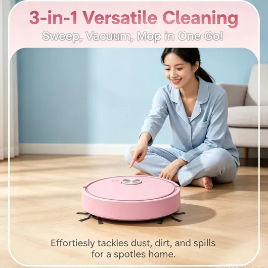 Générique Mini Robot aspirateur pour Voiture – Nettoyeur Compact 3-en-1 Rechargeable et Intelligent – ​​Fonction serpillère Incluse – Idéal pour sols durs, Poils d'animaux et Tapis (Pink)