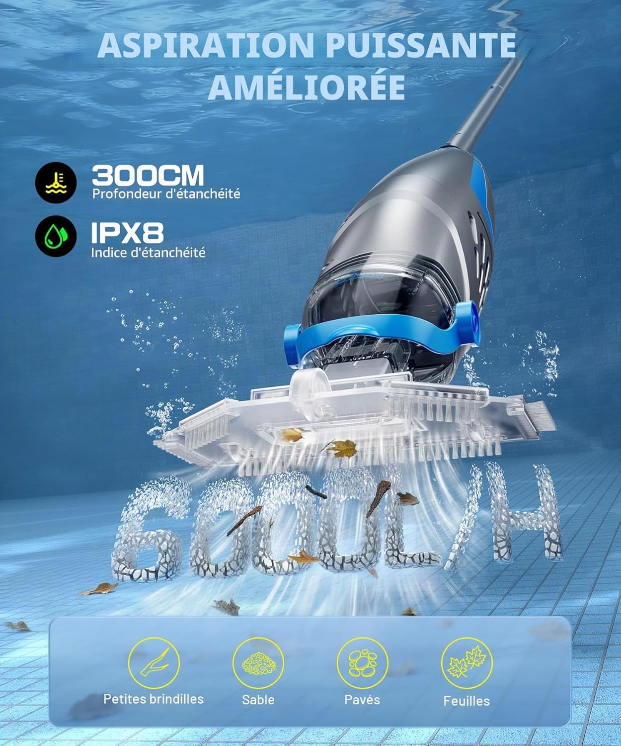 V3 Aspirateur Piscine sans Fil, 26,5 GPM Aspirateur Piscine Hors Sol Puissant Graviers, 2026 IPX8 Balai Aspirateur Piscine Rechargeable avec 2 Têtes & 4 Sacs Filtrants, Autonomie 1H Adapté