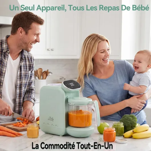 Chefhandy Robot Bébé Cuiseur Mixeur 5-en-1，Robot Cuiseur Bebe avec Chauffe-biberon Lait, Stérilisation, Mixage Automatique et Manuel, Nettoyage, Livré avec Une Belle Boîte d’Emballage (Vert)
