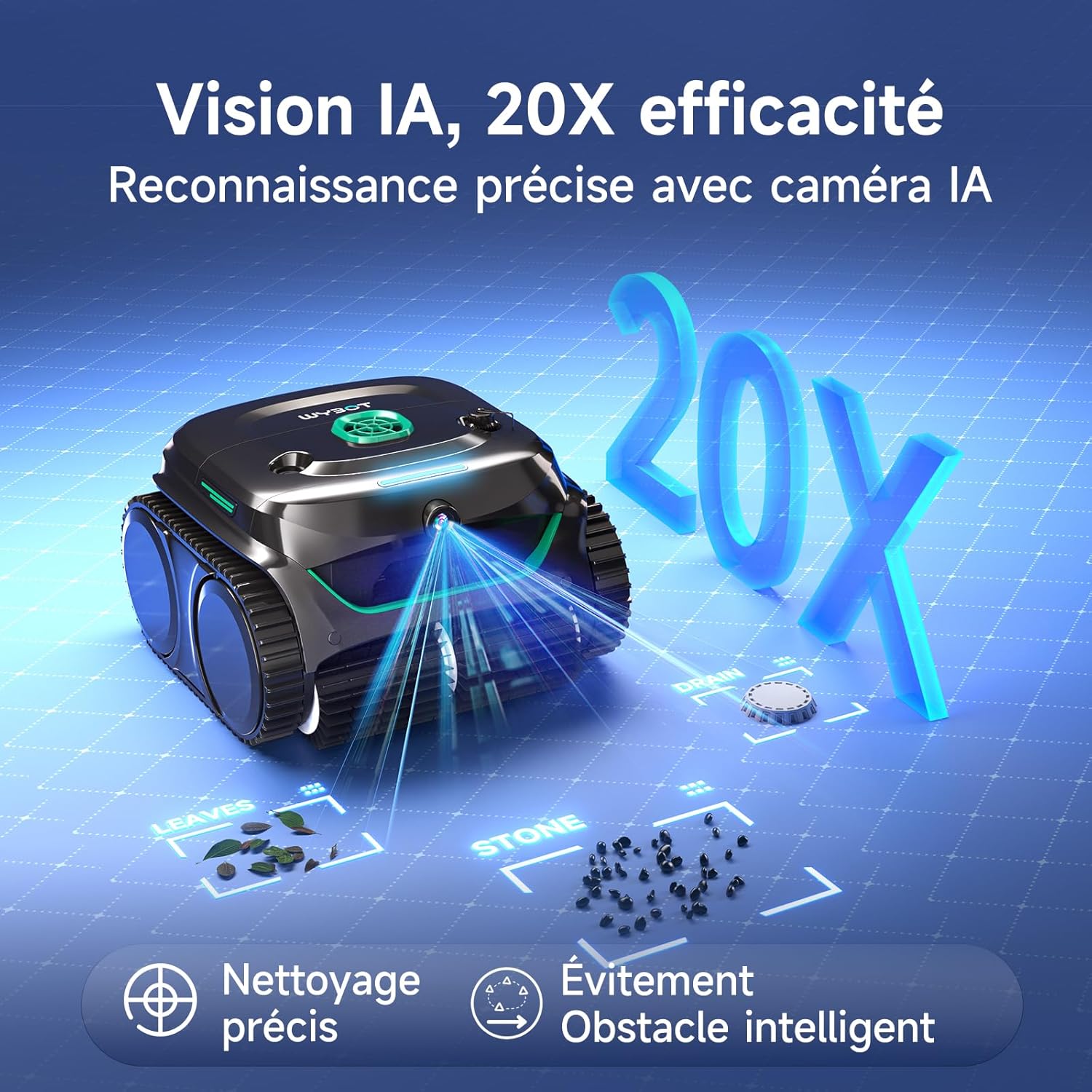 C2 Vision Plus Robot de Piscine sans Fil avec caméra IA, Robot Batterie parois et Fond : Aspiration puissante, Double Filtre, 8 Modes, pour piscines enterrées 210 m² – Vert Minuit