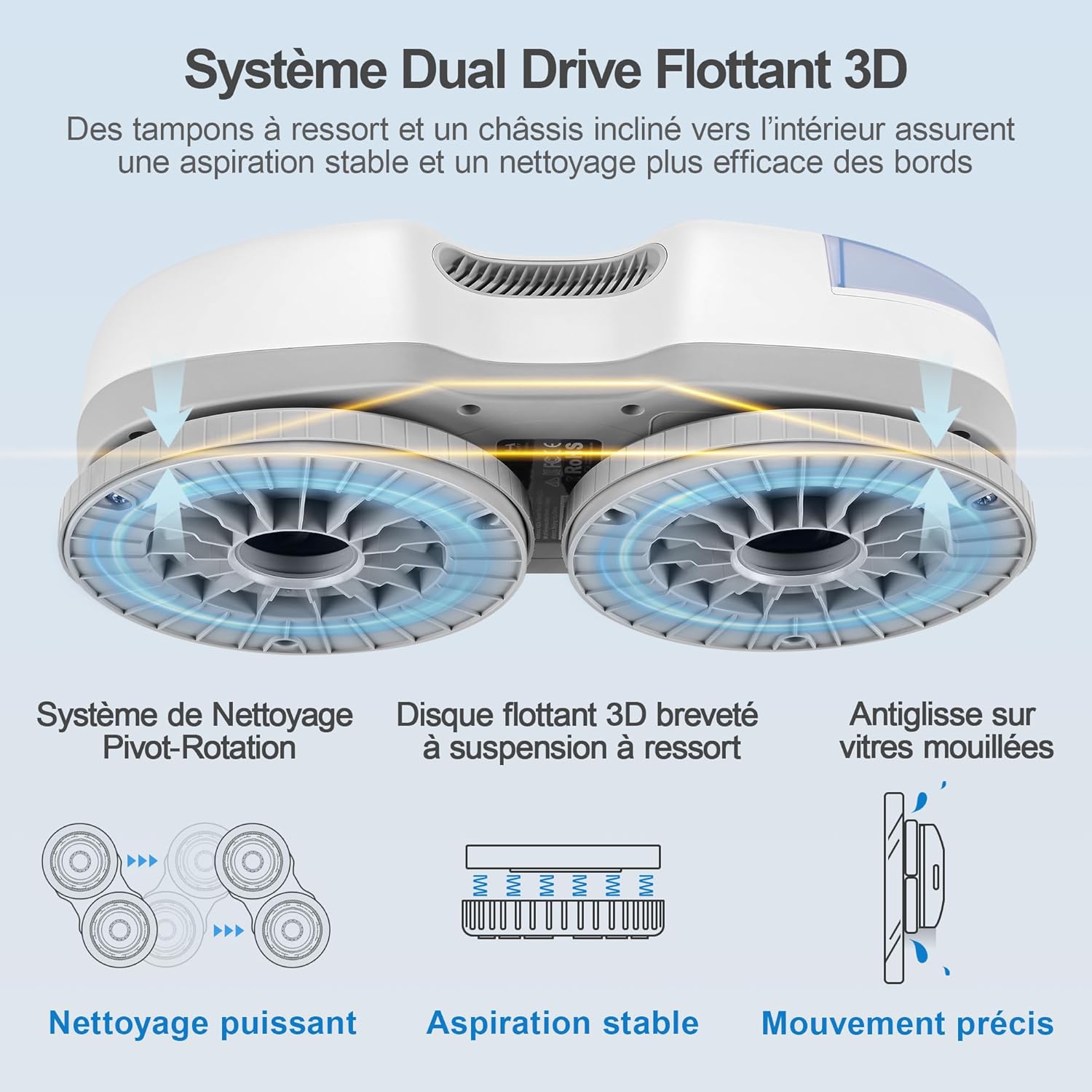 S7 Plus Robot Nettoyeur de Vitre avec Alimentation Portable, Robot Lave Vitre sans Fil avec Gicler l'eau Automatique, Tampons Dual Moteur Flottant 3D, Protection Multiples, Télécommande