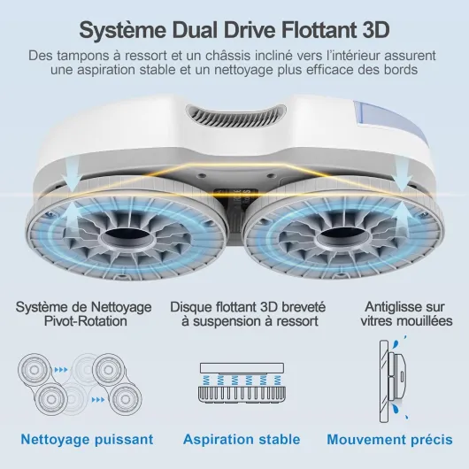 S7 Plus Robot Nettoyeur de Vitre avec Alimentation Portable, Robot Lave Vitre sans Fil avec Gicler l'eau Automatique, Tampons Dual Moteur Flottant 3D, Protection Multiples, Télécommande