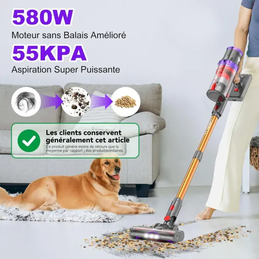 SU7 Aspirateur Balai sans Fil 580W/55Kpa/75Mins, Aspirateur Puissant, Détection Poussière, Écrans Tactiles LED, Brosse Anti-Emmêlement Vacuum Cleaner pour Sols Durs Tapis Voiture