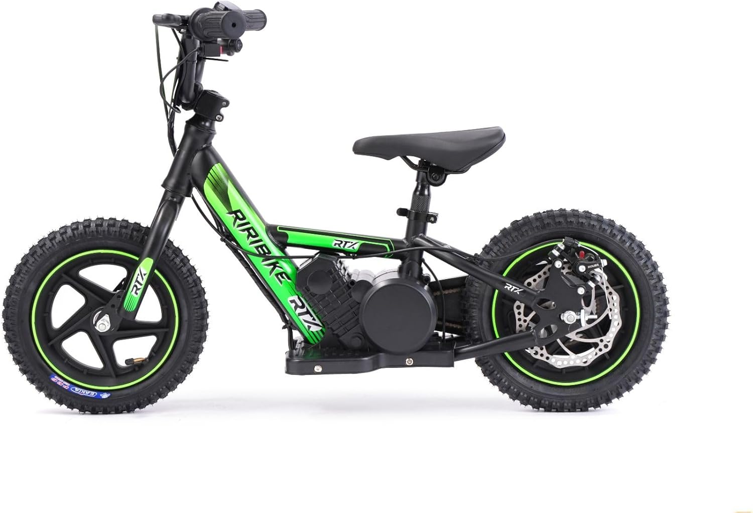 Draisienne électrique pour Enfants RIRIBIKE RTX3 24V (12"), Verte, Batterie au Lithium, Moteur 100W, Frein à Disque, Siège PU Souple réglable