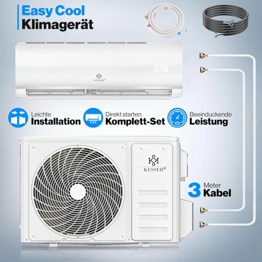 KESSER® Climatiseur SET Split – Wi-Fi/application – Refroidissement A++/chauffage A+ – Réfrigérant R32 – Télécommande, matériel de montage 9 000 BTU/h (2 600 watts) Blanc [Classe énergétique A++] Split 9000 BTU/h / 2600 Watt – Blanc
