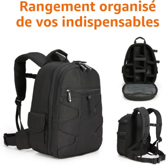 Sac à Dos pour Appareil Photo Grande Capacité avec Rembourrage Interne pour Reflex et Accessoires, Étanche et Antichoc, 30 x 15 x 37 cm, Uni - Noir