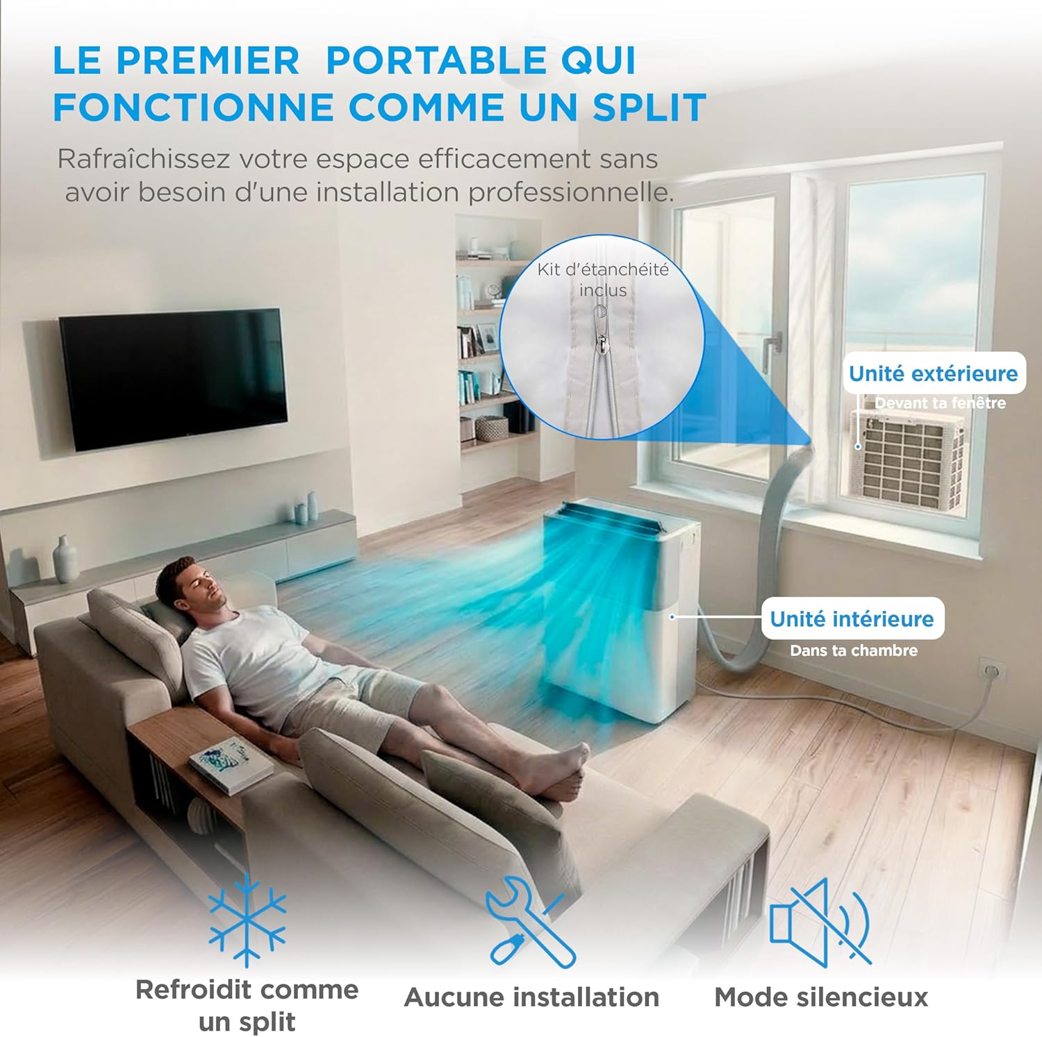 Climatiseur PortaSplit Mobile Silencieux 4-in-1- 12000 BTU - Chauffage et Climatisation Portable Prêt à Poser 3,5kW- Clim Mobile avec rafraîchisseur, déshumidificateur, chauffage,ventilateur