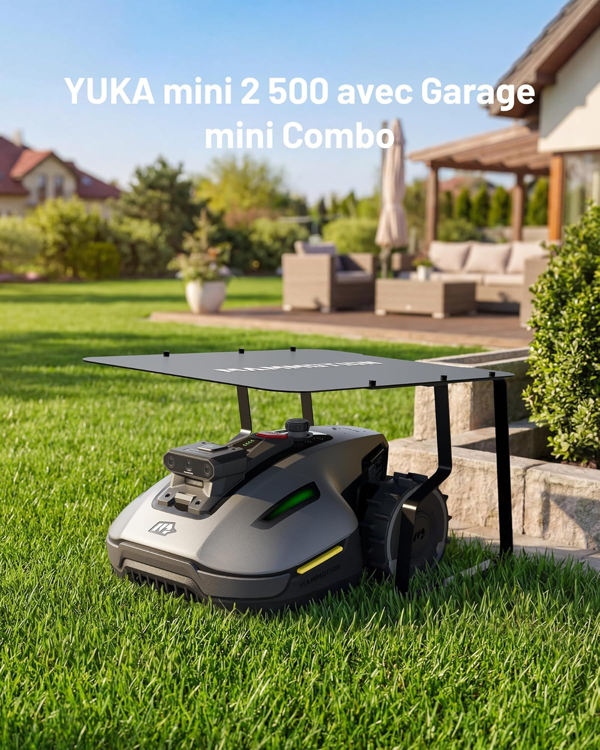 YUKA Mini 2 500 Robot Tondeuse avec Mini Garage, jusqu'à 500m², Zéro Perte de Signal, sans RTK, AI Traitement d’Image à Trois Caméras Robot Tondeuse (expédié séparément) YUKA Mini 2 500 avec Garage M