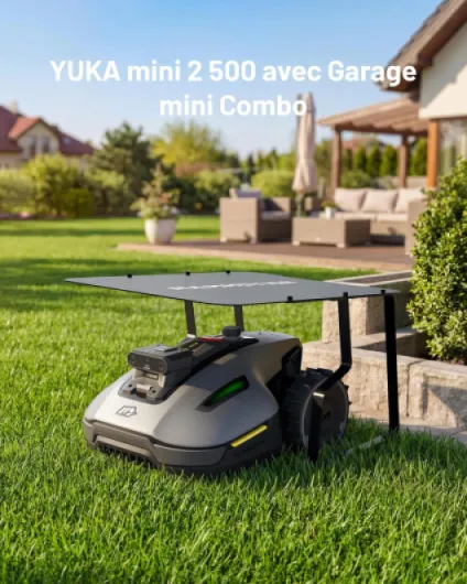 YUKA Mini 2 500 Robot Tondeuse avec Mini Garage, jusqu'à 500m², Zéro Perte de Signal, sans RTK, AI Traitement d’Image à Trois Caméras Robot Tondeuse (expédié séparément) YUKA Mini 2 500 avec Garage M