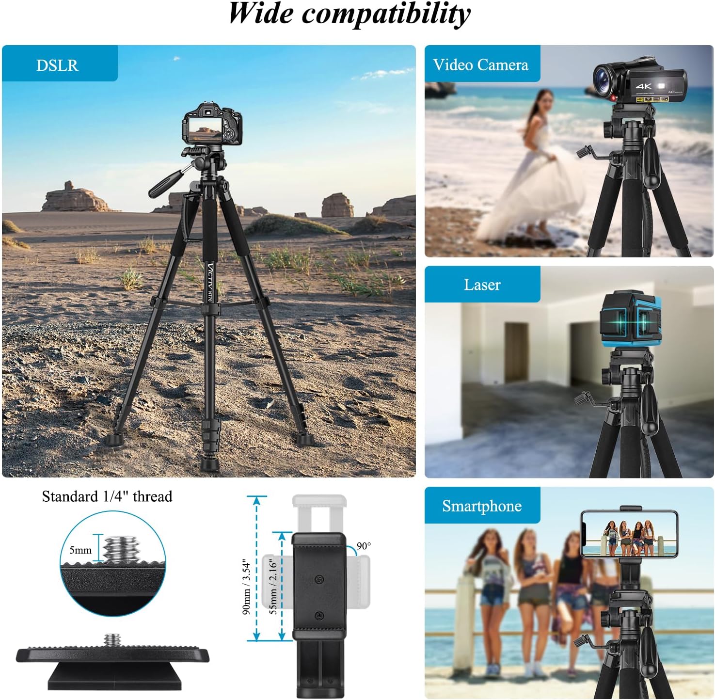 Trépied Appareil Photo pour Smartphone, Victiv 185cm Trépied Caméra en Alliage Aluminium Léger, avec tête pan Amovible à 3 Voies, Trepieds Photo Compatible DSLR Nikon Canon Camera (Nouveau Améliorer) 185cm Black