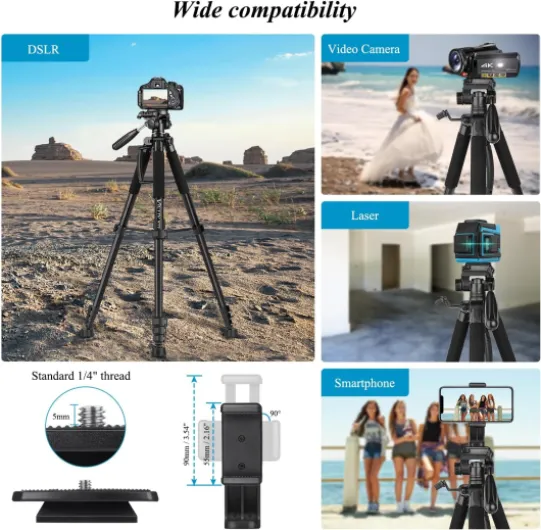 Trépied Appareil Photo pour Smartphone, Victiv 185cm Trépied Caméra en Alliage Aluminium Léger, avec tête pan Amovible à 3 Voies, Trepieds Photo Compatible DSLR Nikon Canon Camera (Nouveau Améliorer) 185cm Black