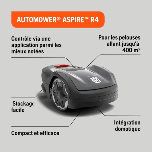Husqvarna Robot Tondeuse Automower Aspire R4 pour 400 m² de Surface I Tondeuse à Gazon sans Fil Robot contrôle Via l'application Connect (avec Commande vocale, Wi-FI, Bluetooth) avec kit Aspire R4 (avec fil)