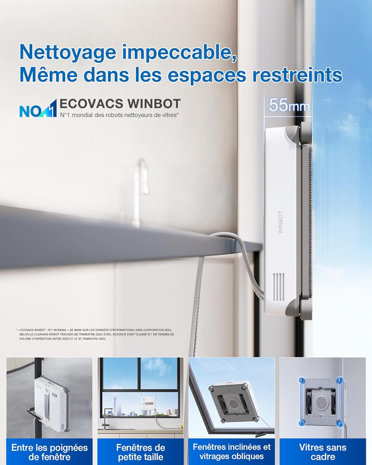 WINBOT Mini 2 Robot Nettoyeur de Vitres, Brosses d’Angle & Pulvérisation Ultrasonique, Ultra-Mince pour Fenêtres Étroites, Navigation Intelligente, 6 Modes App, Protection 10 Niveaux