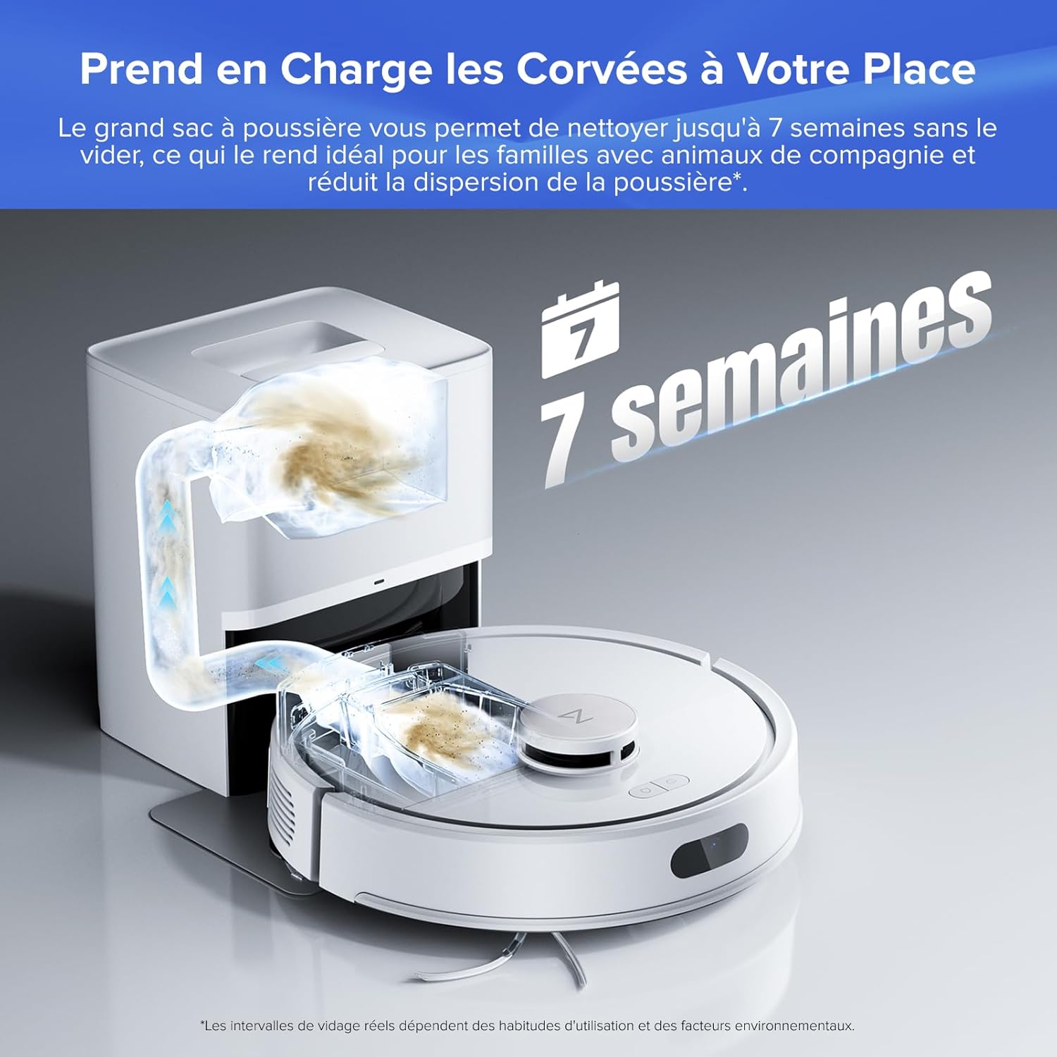Q7 L5+ Set Aspirateur Robot Laveur avec Station, 8000 Pa Aspiration, Vidange Automatique, 3 Niveaux d'eau, Double Anti-emmêlement, Navigation LiDAR, Idéal pour Poils d'animaux/Tapis, App Set Blanc