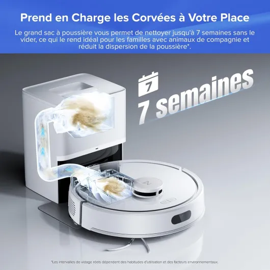 Q7 L5+ Set Aspirateur Robot Laveur avec Station, 8000 Pa Aspiration, Vidange Automatique, 3 Niveaux d'eau, Double Anti-emmêlement, Navigation LiDAR, Idéal pour Poils d'animaux/Tapis, App Set Blanc