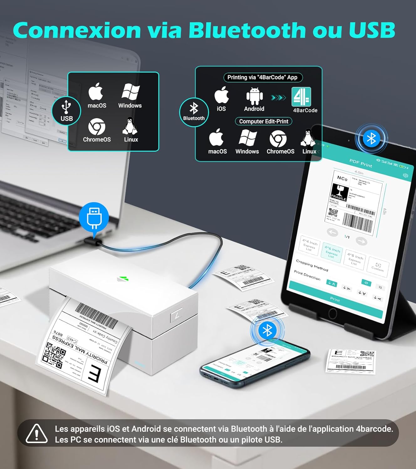 Imprimante Etiquettes Expédition Z1 Plus Bluetooth Imprimante Thermique DHL 4x6, Etiqueteuse d'expédition Autocollante Code Barre Label Printer Compatible avec Amazon, Ebay, Shopify, Blanc