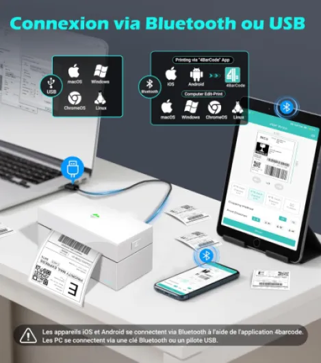 Imprimante Etiquettes Expédition Z1 Plus Bluetooth Imprimante Thermique DHL 4x6, Etiqueteuse d'expédition Autocollante Code Barre Label Printer Compatible avec Amazon, Ebay, Shopify, Blanc