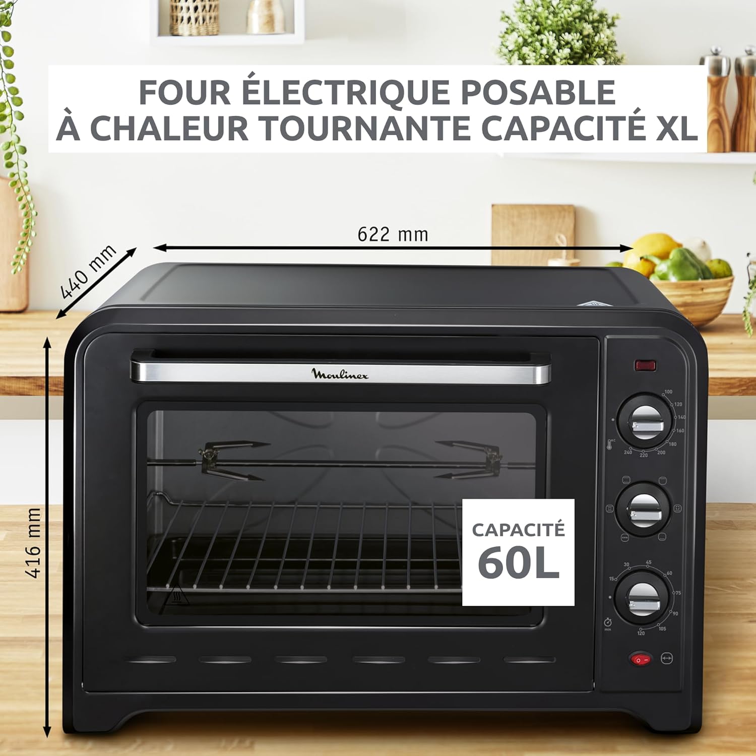 Four électrique à chaleur tournante 60 L, 7 modes de cuisson, Tournebroche, Thermostat réglable jusqu’à 240 °C, Timer 120 minutes, 2 grilles réversibles, Optimo, Noir OX495810 60L Noir
