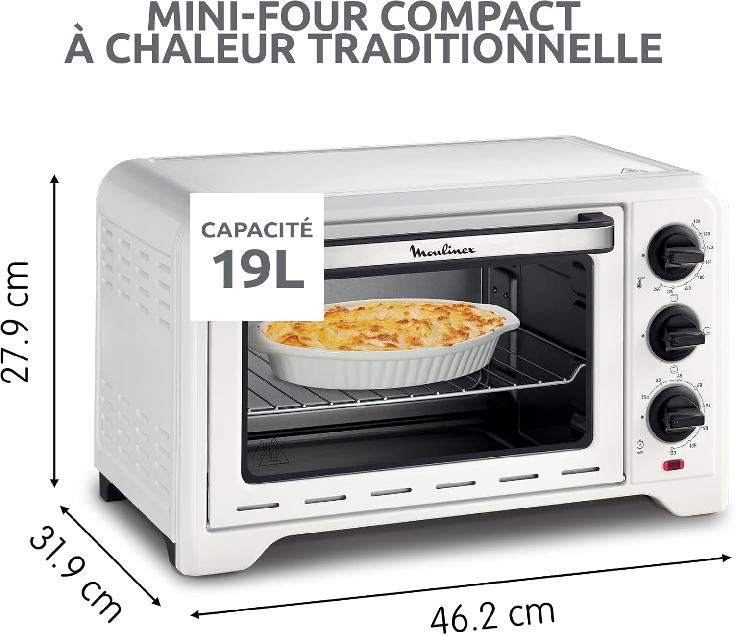 Four posable Optimo 19 L, Thermostat jusqu'à 240 °C, 3 modes de cuisson dont gril, minuteur, 6 niveaux de cuisson, Chaleur traditionnelle, Blanc OX441110
