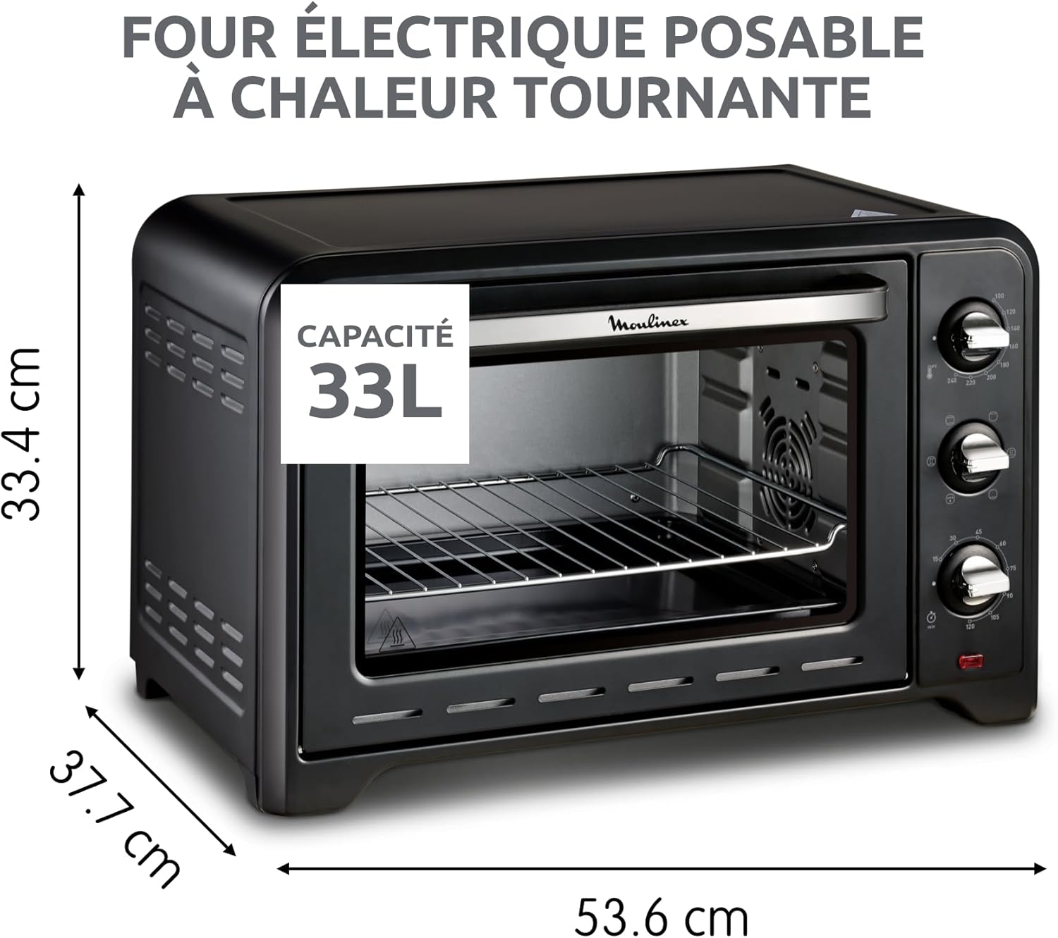 Four posable 33 L, Chaleur tournante, Convection de pointe, 6 modes de cuisson, Thermostat réglable jusqu’à 240 °C, Timer 120 min, Grille réversible, Maniques silicone, Optimo Noir OX464811