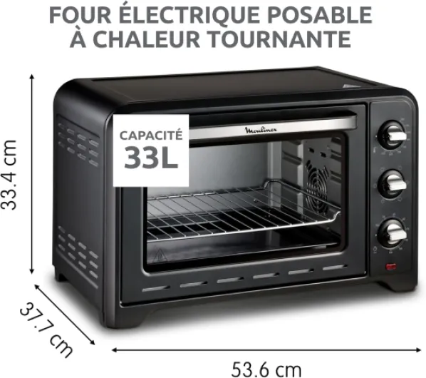 Four posable 33 L, Chaleur tournante, Convection de pointe, 6 modes de cuisson, Thermostat réglable jusqu’à 240 °C, Timer 120 min, Grille réversible, Maniques silicone, Optimo Noir OX464811