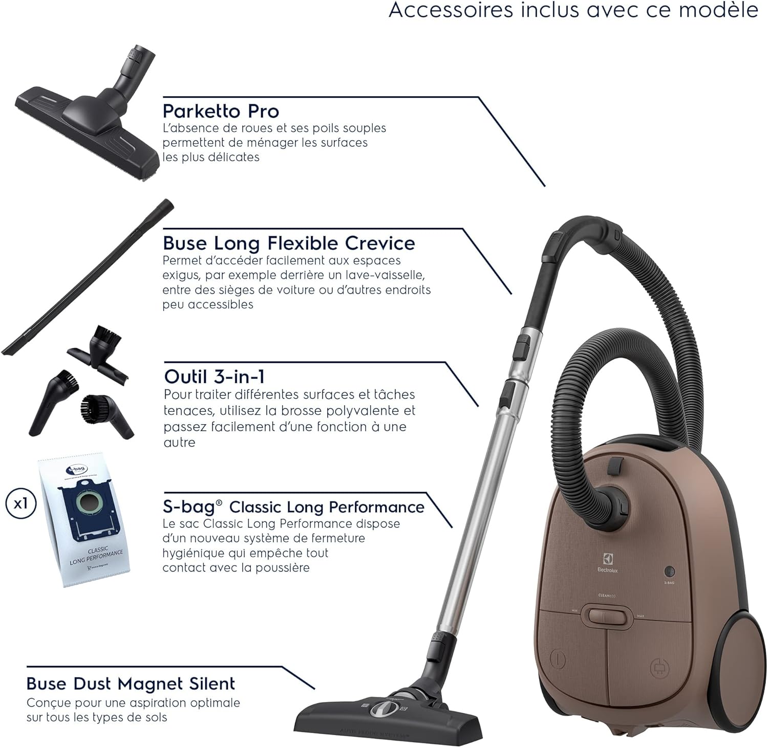 600 Clean, Aspirateur avec Sac, Commandes aux Pieds, Filtre Hygiène 12 Lavable, Cordon 12m XXL, EB61C3WBL, Marron
