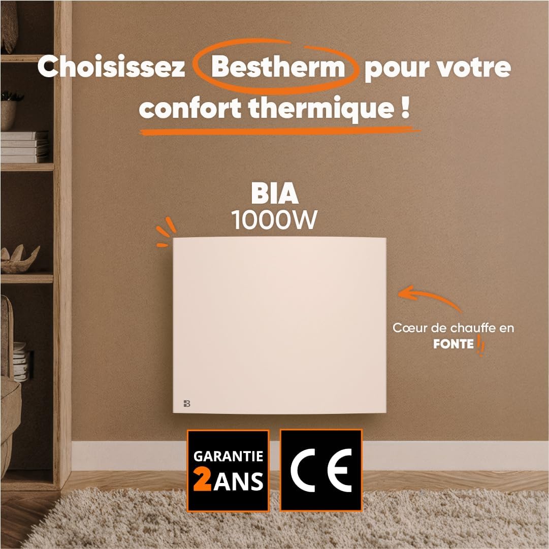 Radiateur électrique fixe à inertie sèche fonte 1000W Bestherm BIA horizontal blanc