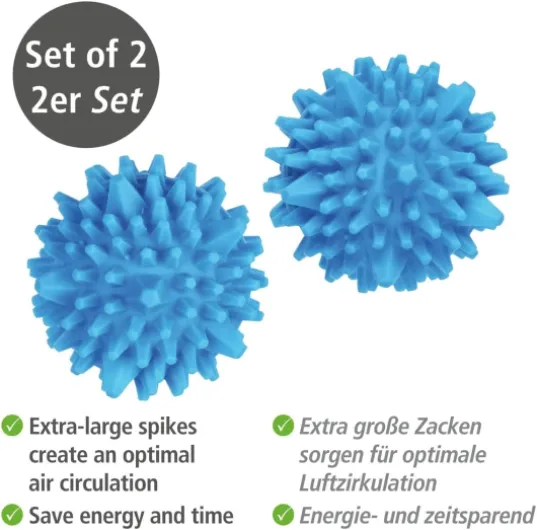 Boules de séchage en set de 2 unités, pour une utilisation polyvalente, linge doux et sans froissures dans le sèche-linge, avec dents extra-grandes, boule hérisson pour les mains, les pieds et les aponévroses, boule de massage, Ø 7 cm env., bleue