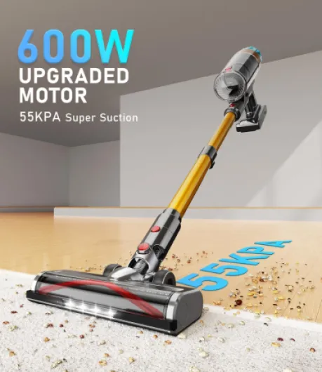 55KPA/600W Aspirateur Balai sans Fil, 55 Minutes Autonomie Aspirateur sans Fil Puissant avec Recharge Murale Écran Intelligent, aspirateur balai puissant pour Les Poils d'animaux/Tapis/Sols Durs