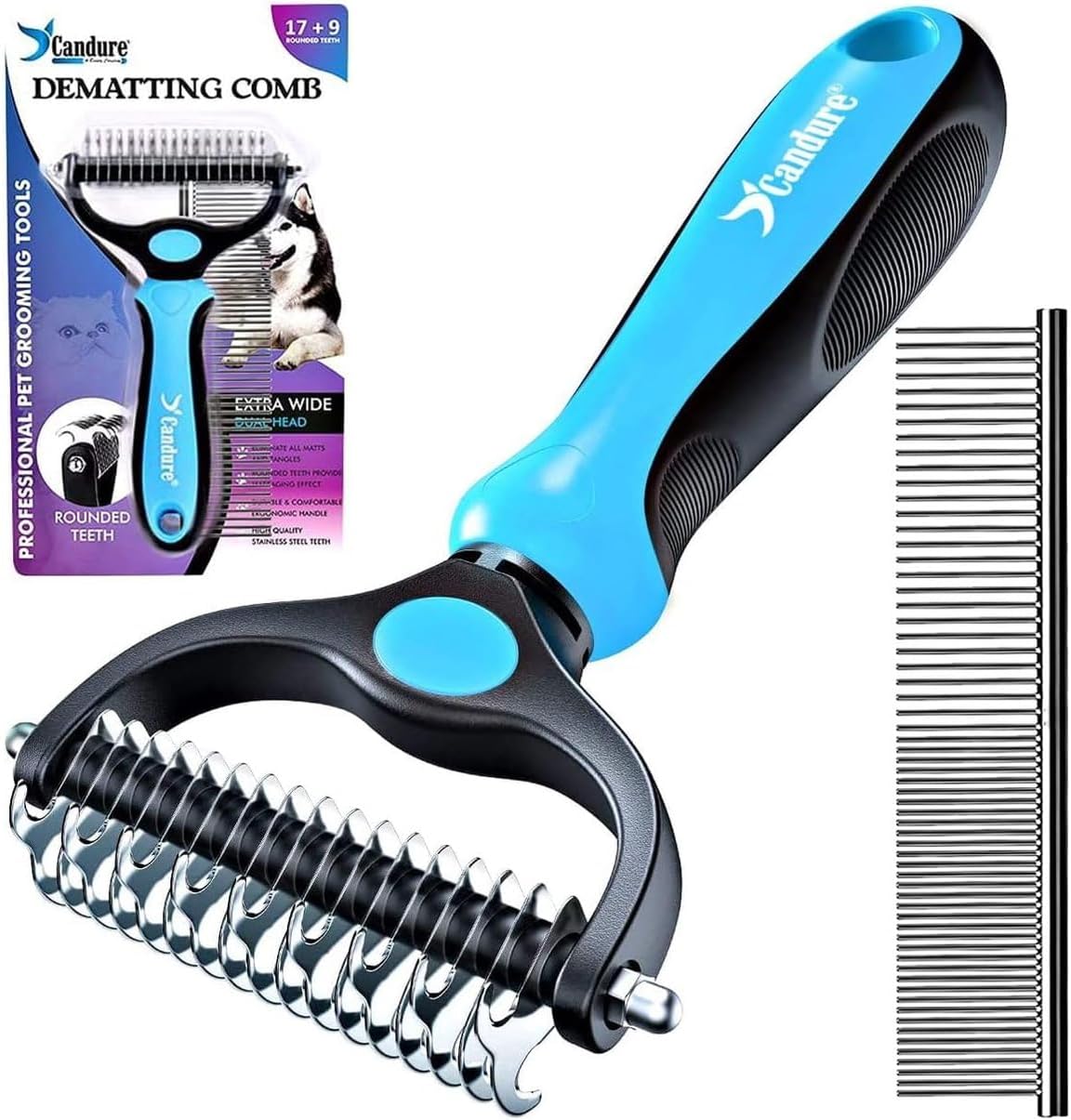 Brosse Chien et Chat Professionnel Brosse Chien Poil Long Toilettage du Chien Râteau Dents à Double Face 17+9 Élimine Les Nœuds, Les Tapis et Les Cheveux Emmêlé (Azul)