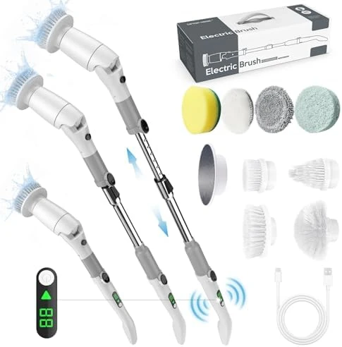 Brosse Electrique Nettoyage, Brosse de Nettoyage Electrique avec 8 Têtes de Brosse & Poignée Réglable, Brosse Nettoyage Salle de Bain, Brosse Rotative Nettoyage pour Carrelage, Sol, Cuisine, Voiture White#110k2