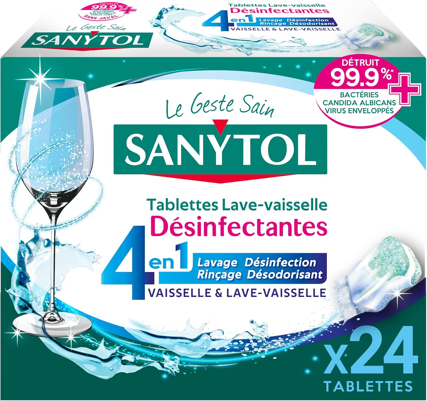 Tablettes Lave-Vaisselle 4 en 1 Désinfectantes - 24 Tablettes - Lavage, Désinfection, Rinçage, Désodorisant - Bactéricide, Virucide, Levuricide